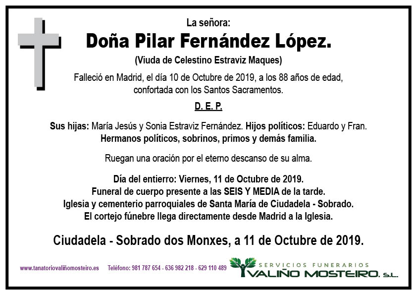 Esquela de Pilar Fernández López.